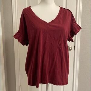 FOR THE REPUBLIC Ruffle Sleeve V-neck T-shirt In Pomegranate Size Small